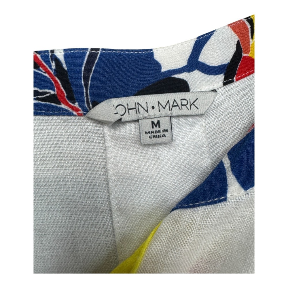 John Mark Linen Top Womens Medium White Tropical Floral 3/4 Sleeve Beach Summer - Picture 6 of 11